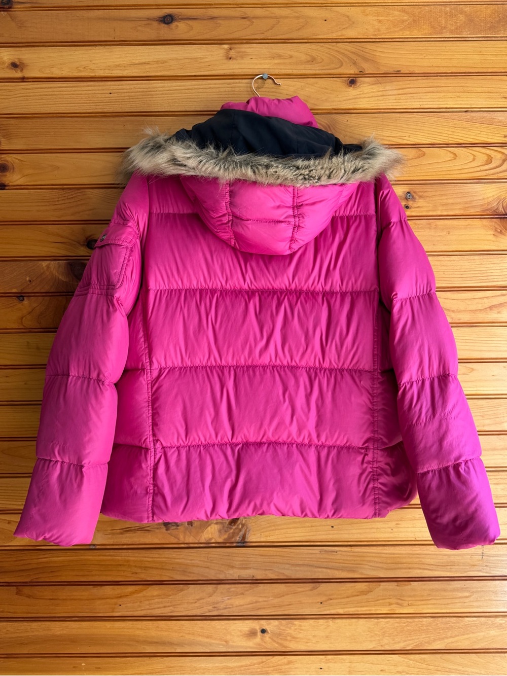 L.L.Bean Down Puffer Jacket L Hot Pink Faux Fur Hood Retro Ski Bunny Winter - Picture 2 of 16
